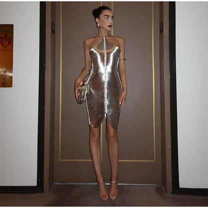 Glitz Gala Shimmer Sexy Hanging Neck Metallic Dress - Pretty Little Wish.com